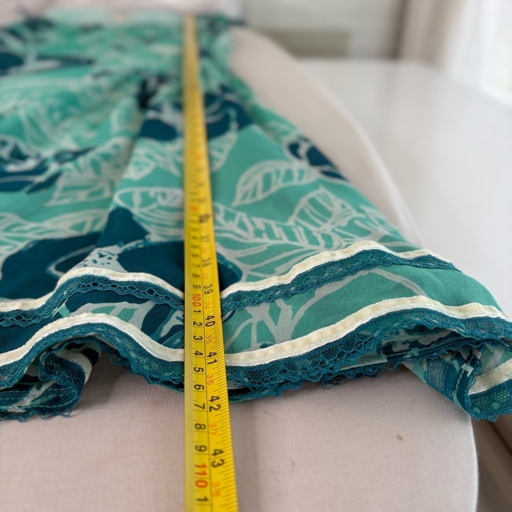 Odille 100% Silk Drop Waist Dress 6 Teal Floral Velvet Lace 90s Y2K Whimsigoth - Picture 11 of 15